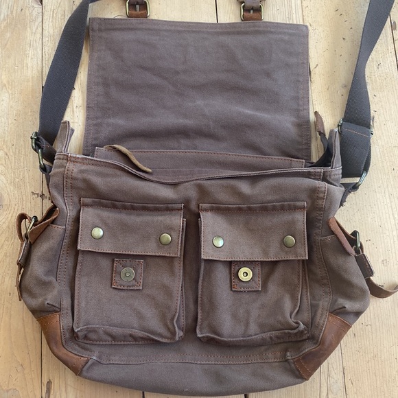 Augar Strauss co canvas leather messenger bag utility pockets zipper brown - Picture 5 of 13